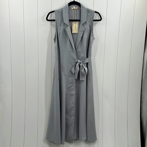 152. Midi Dress Tencel Faux Wrap W/Tie Sleeveless Blue Gray NEW - Picture 2 of 9